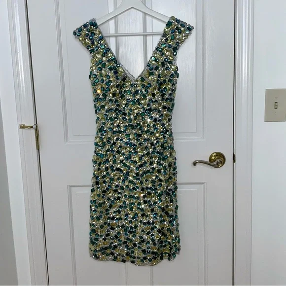 NWT Mini Crystals & Sequins Teal Sparkly Cocktail Dress Size 2 - Picture 3 of 9
